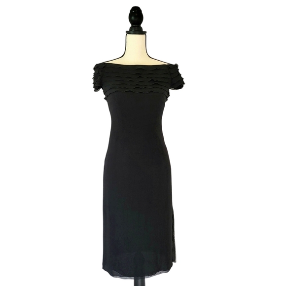 Akris black off the shoulder ruffled detail sheath style side split dress size 4 - Picture 1 of 13